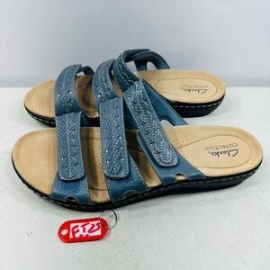 Clarks Laurieann Rio strappy sandals blue grey leather adjustable size 9 W